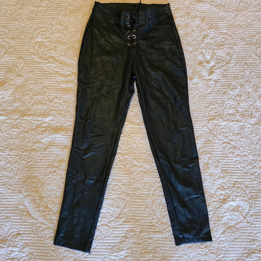 Iris Black Faux Leather Lace Up Front Slim Leg Pants IP7572 Womens Medium
